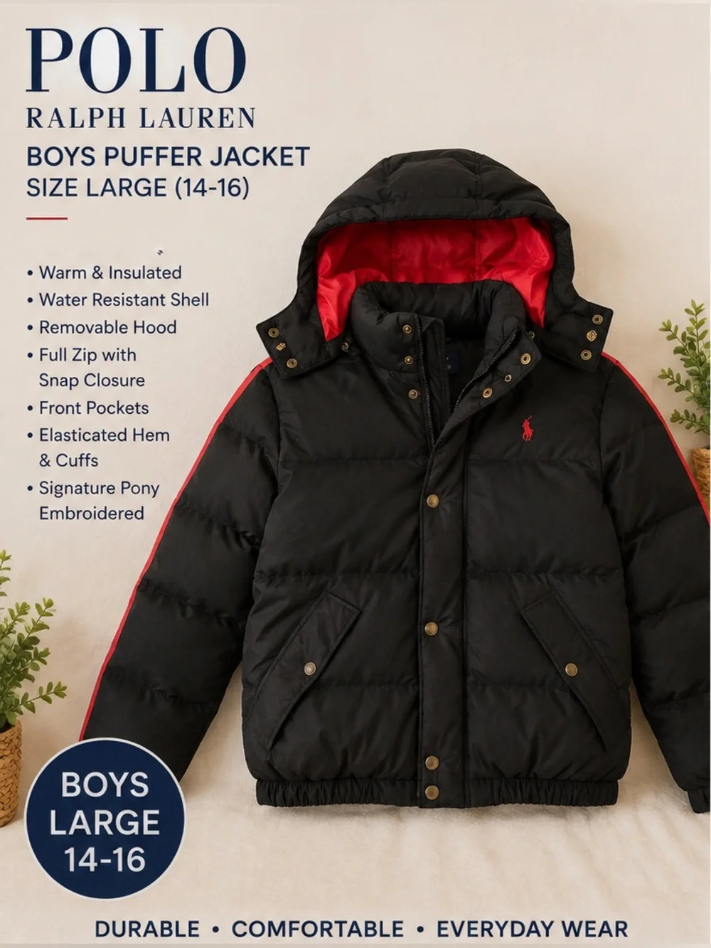 Polo by Ralph Lauren Black Boys Puffer Jacket with Red Lining and Trim